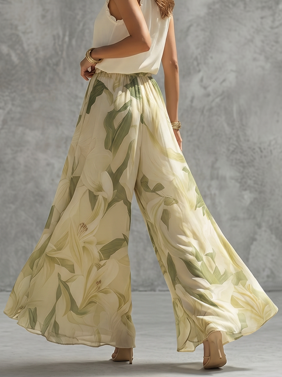 High Waisted Wide Leg Contrast Color Elasticity Flower Print Pants Trousers