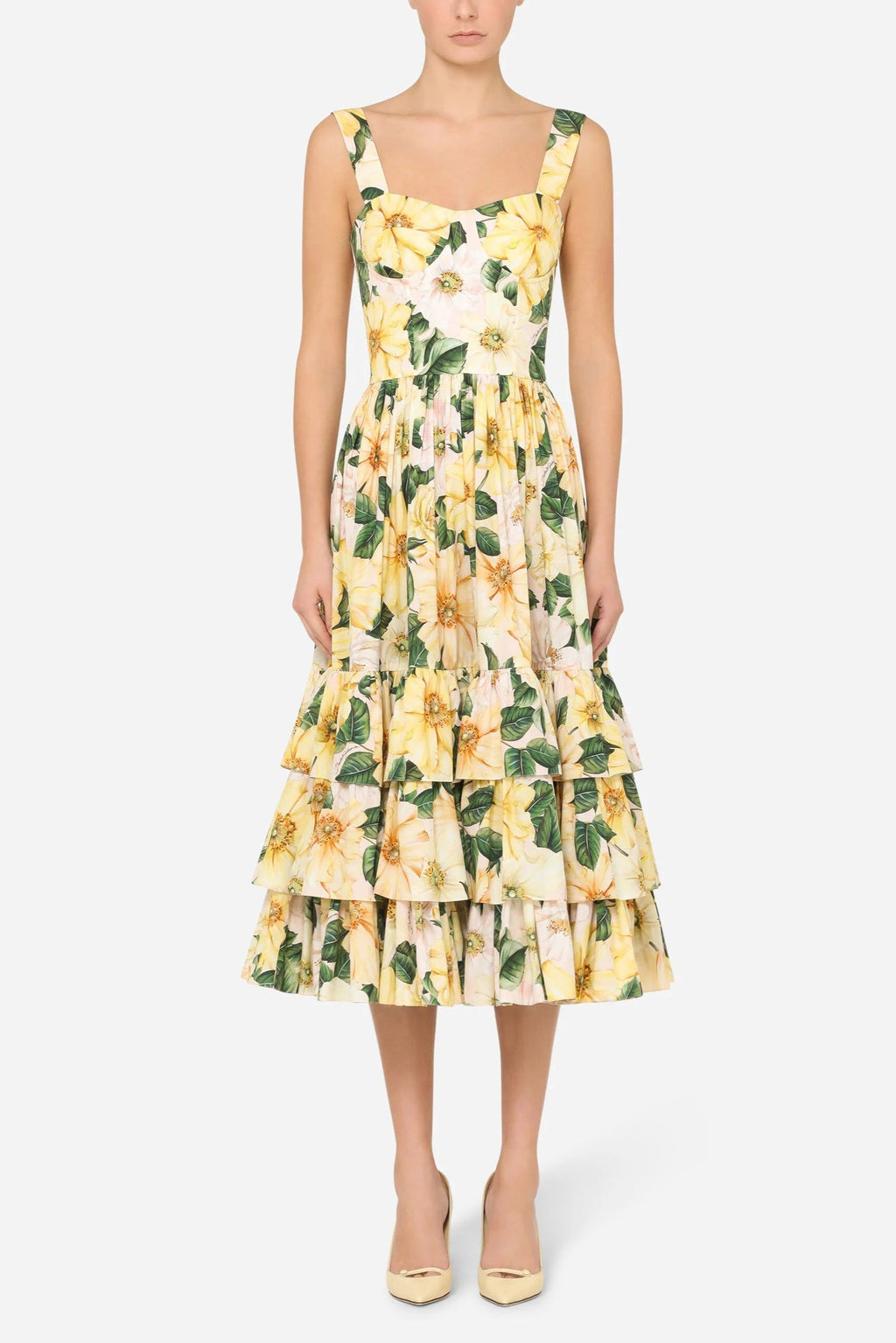 Camellia-print poplin midi dress in yellow