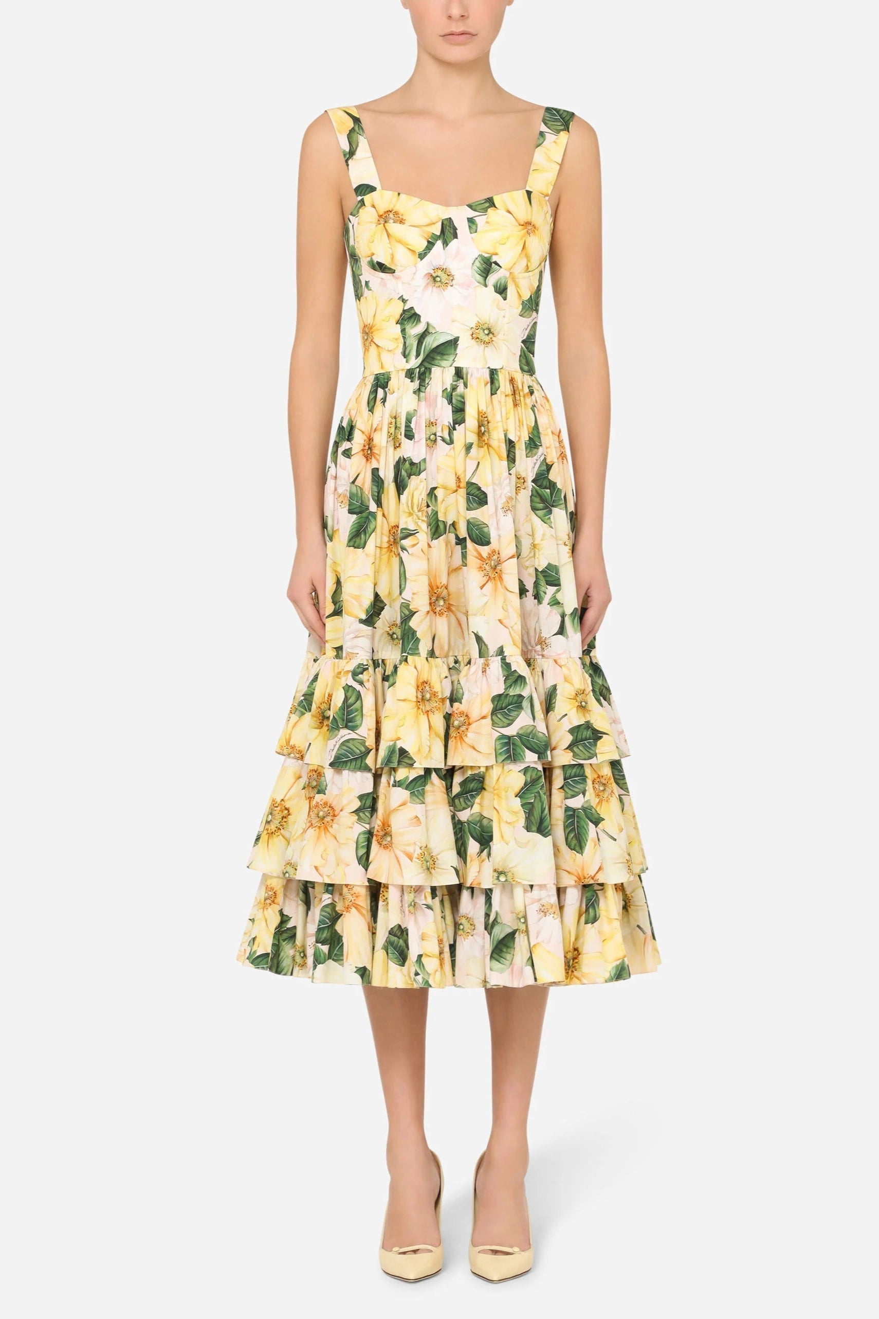 Camellia-print poplin midi dress in yellow