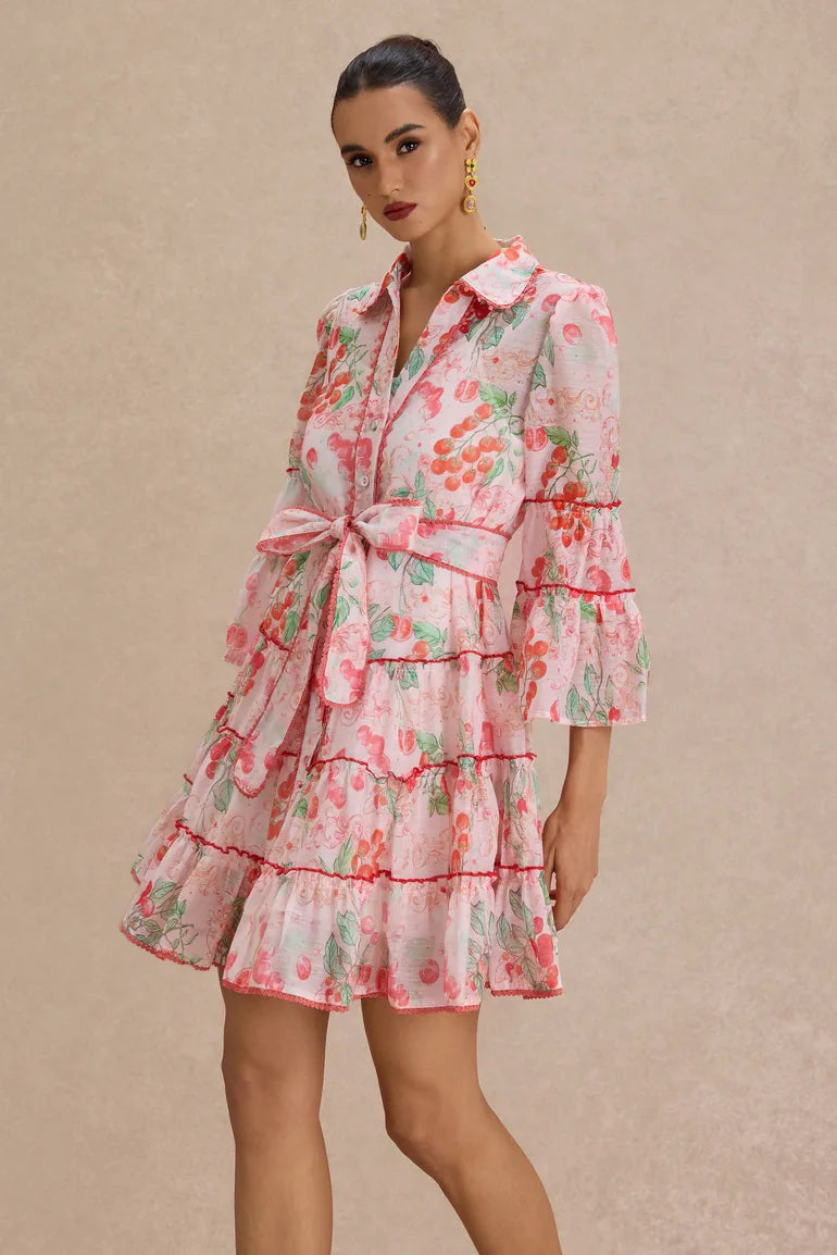 Botanical Print Lace Single Breasted Mini Dress - pink