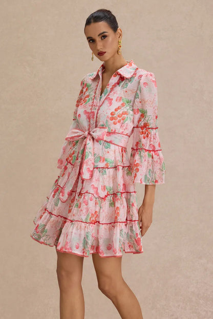 Botanical Print Lace Single Breasted Mini Dress - pink