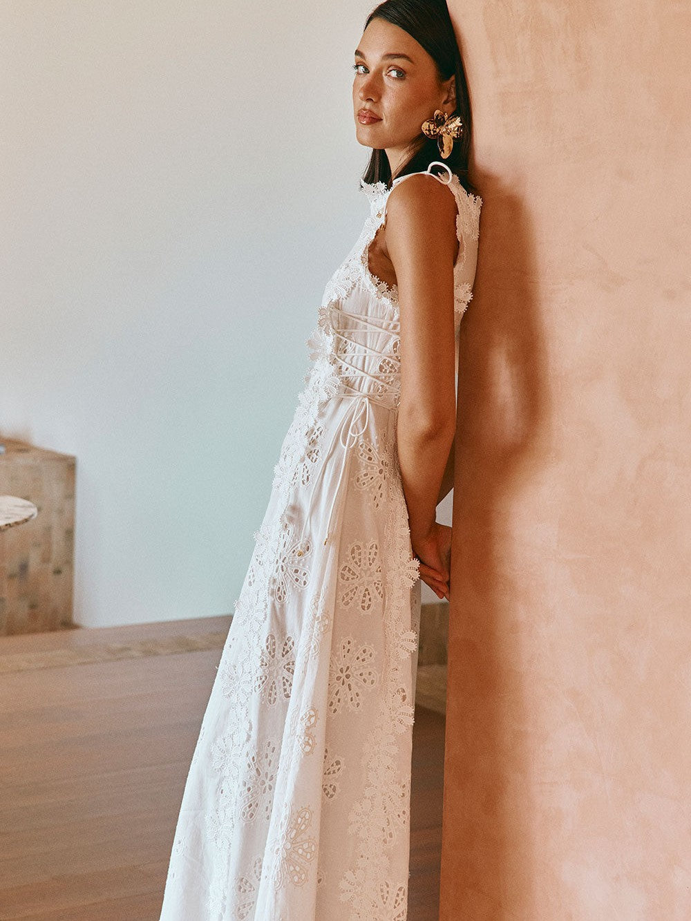 Liana Floral Eyelet Lace Tie Strap Maxi Dress