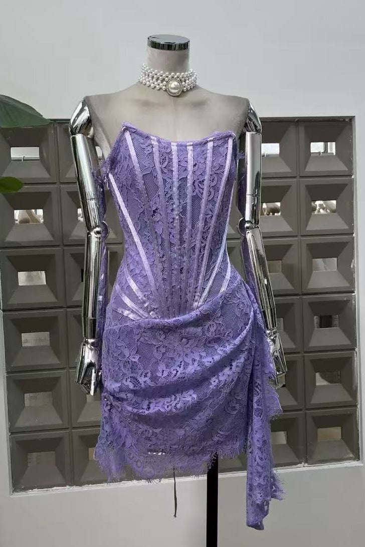 Purple Lace Corset Strapless Draped Mini Dress