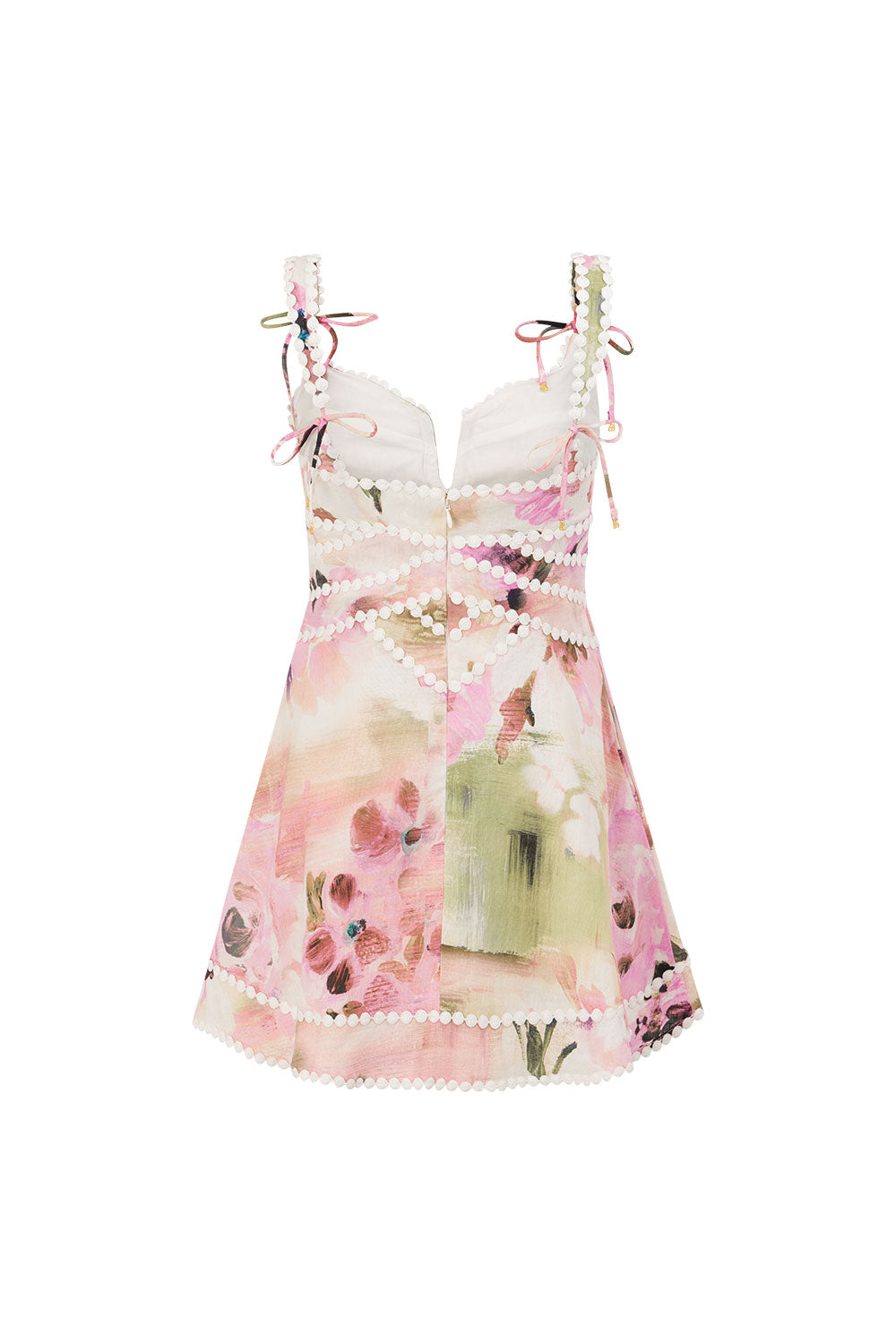 Lace-trimmed V-neck floral print  mini dress - pink