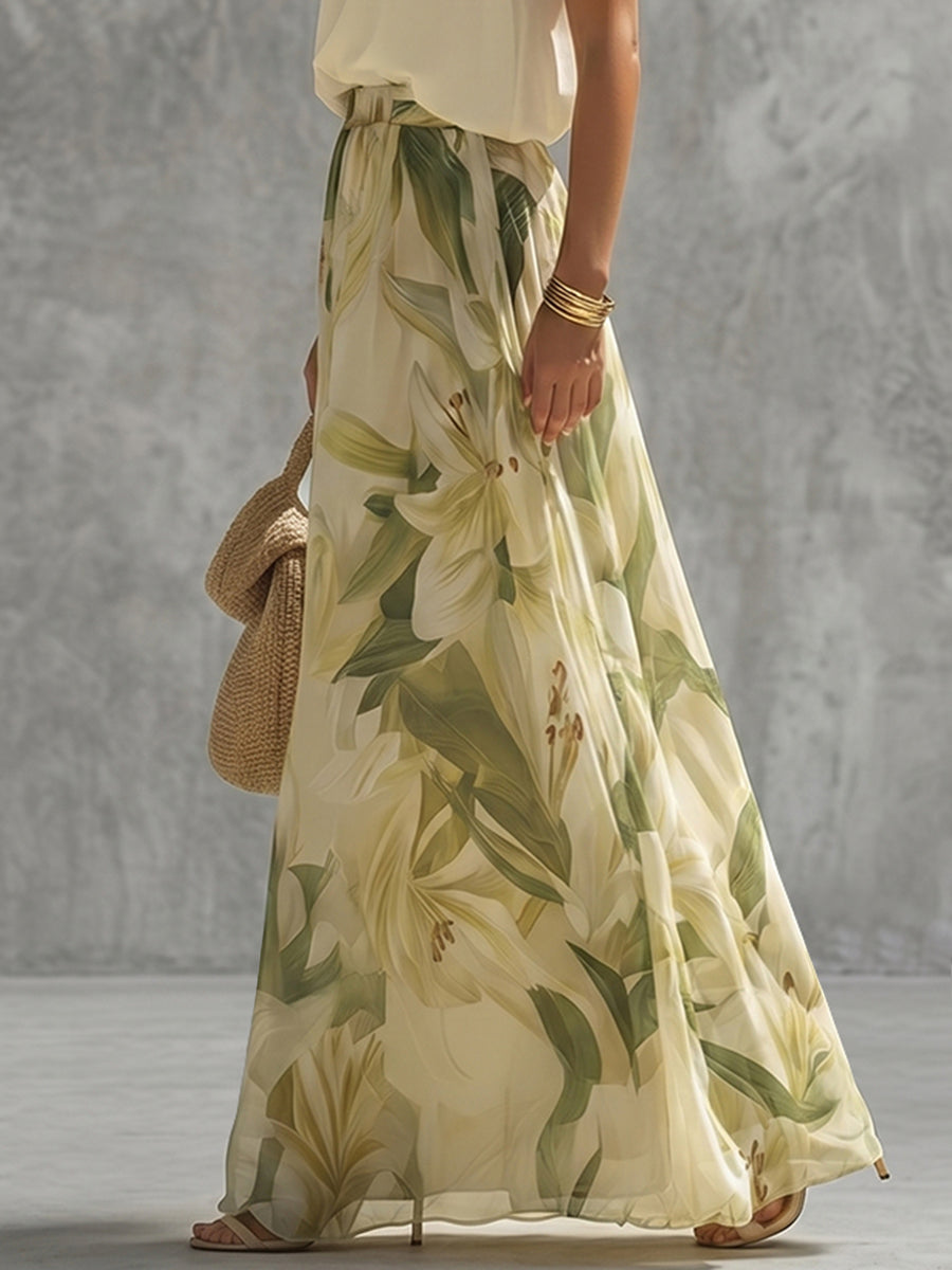 High Waisted Wide Leg Contrast Color Elasticity Flower Print Pants Trousers