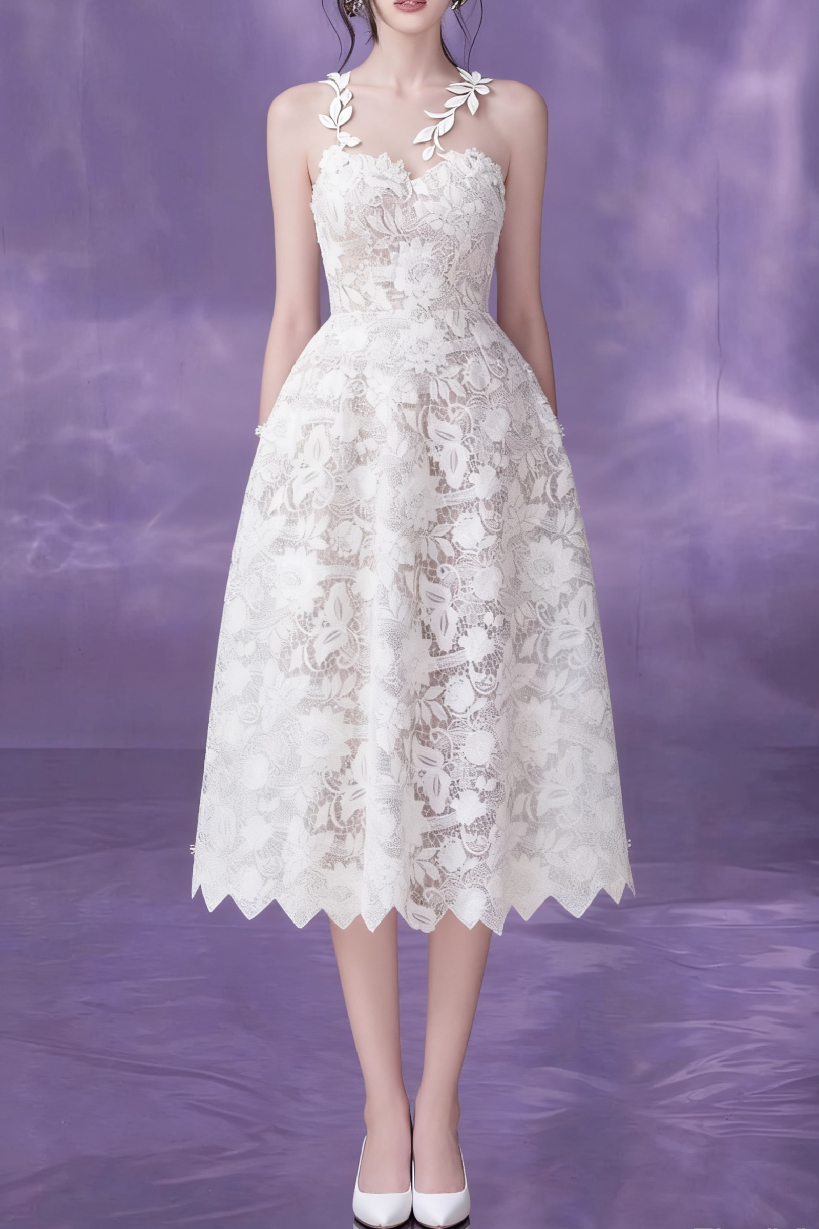erica floral lace midi dress in white
