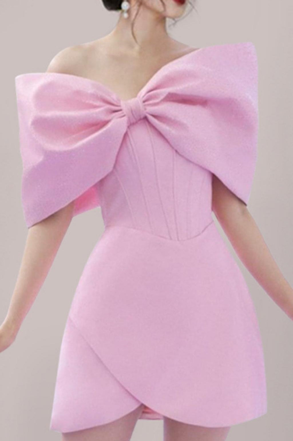 PINK OFF SHOULDER BOWKNOT MINI CORSET DRESS