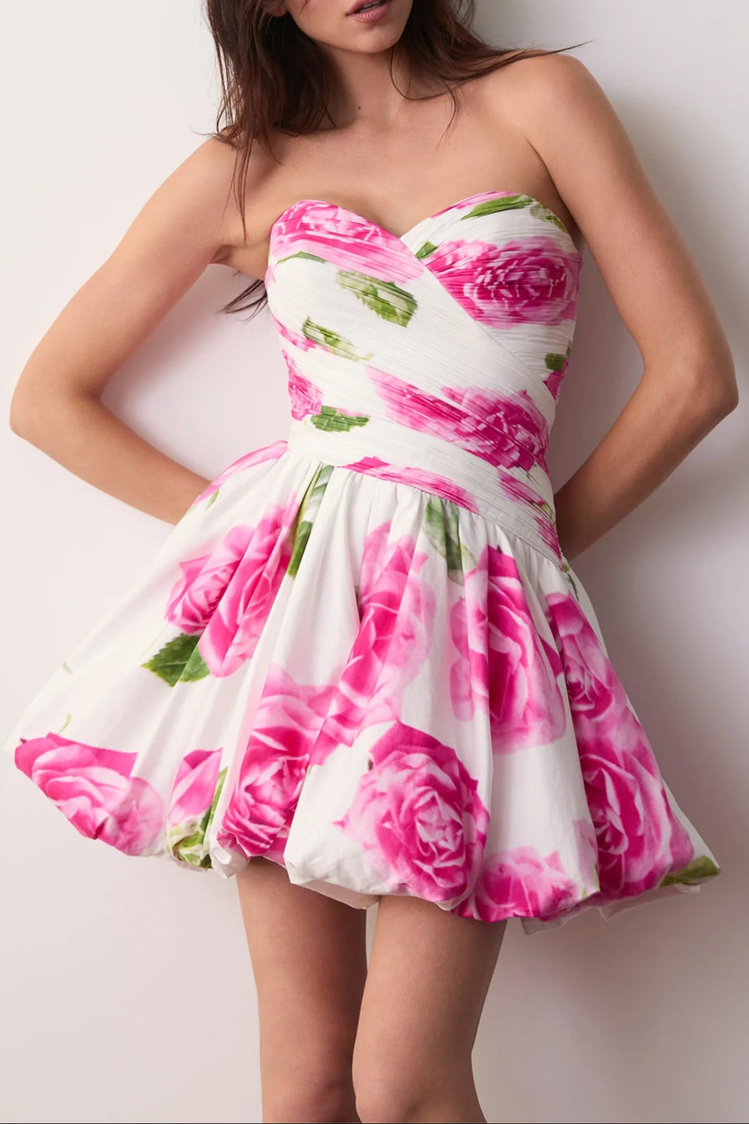 rose light Bubble Hem strapless Mini Dress