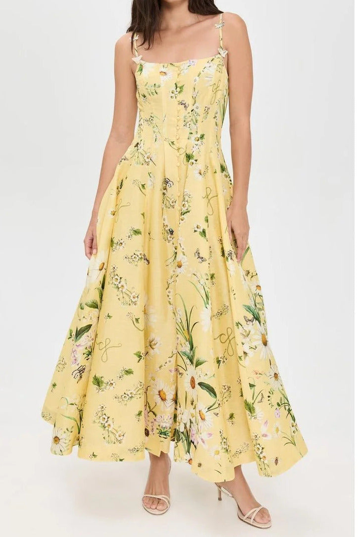 Printed button-front camisole midi dress with side slits