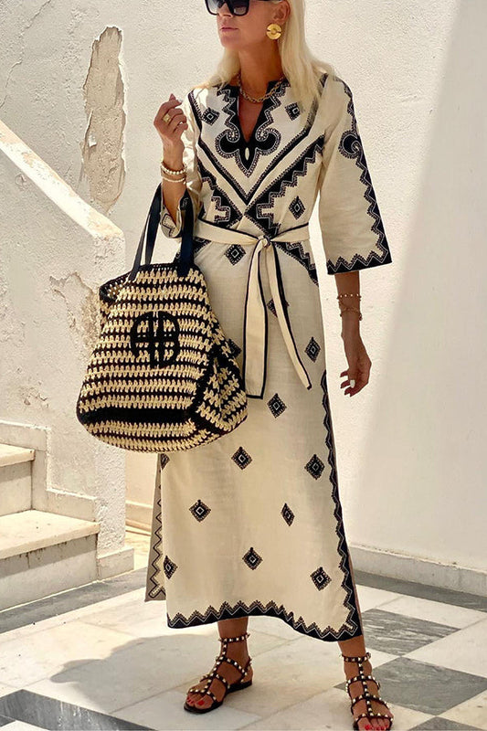Cream Black Geometric Print V Neck Belted 3/4 Sleeve Midi Kaftan Dress