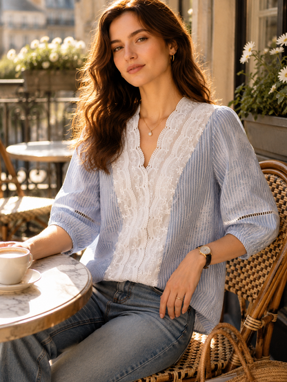 Riley Casual V-Neck Lace Embroidered Blouse