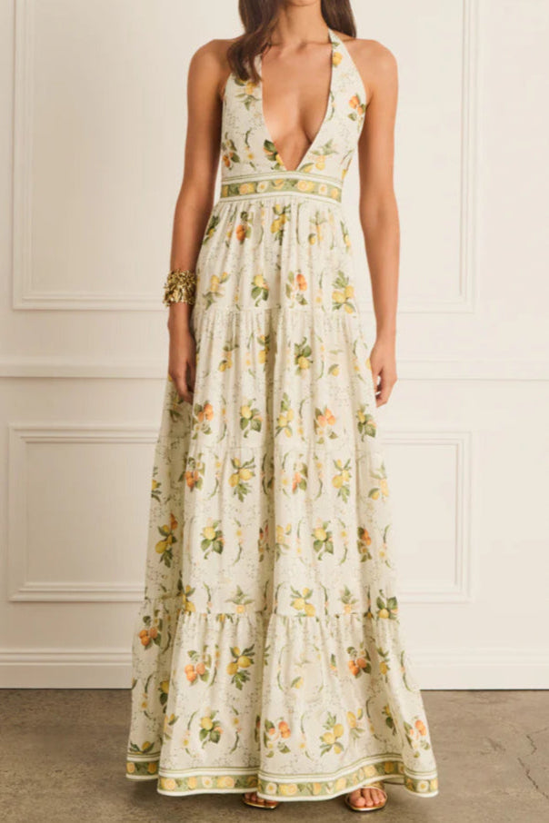 Valencia Jacinta floral print Maxi Dress in yellow