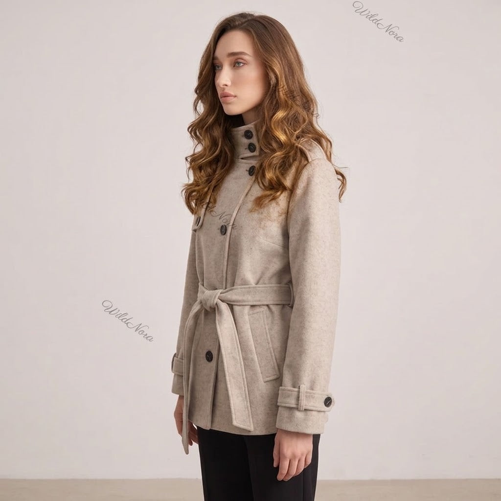 Oatmeal Beige Wool-Blend A-Line Short Belted Jacket