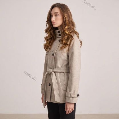 Oatmeal Beige Wool-Blend A-Line Short Belted Jacket