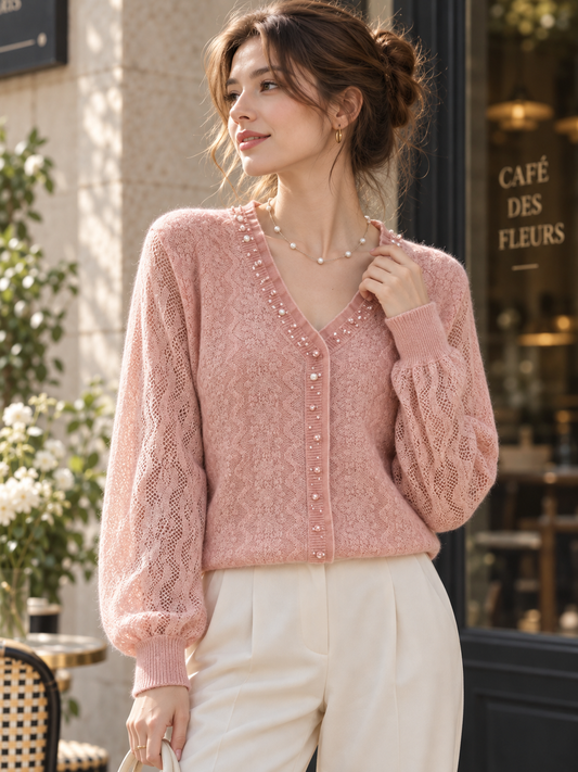 Wool-blend Lace V-neck Knit Top
