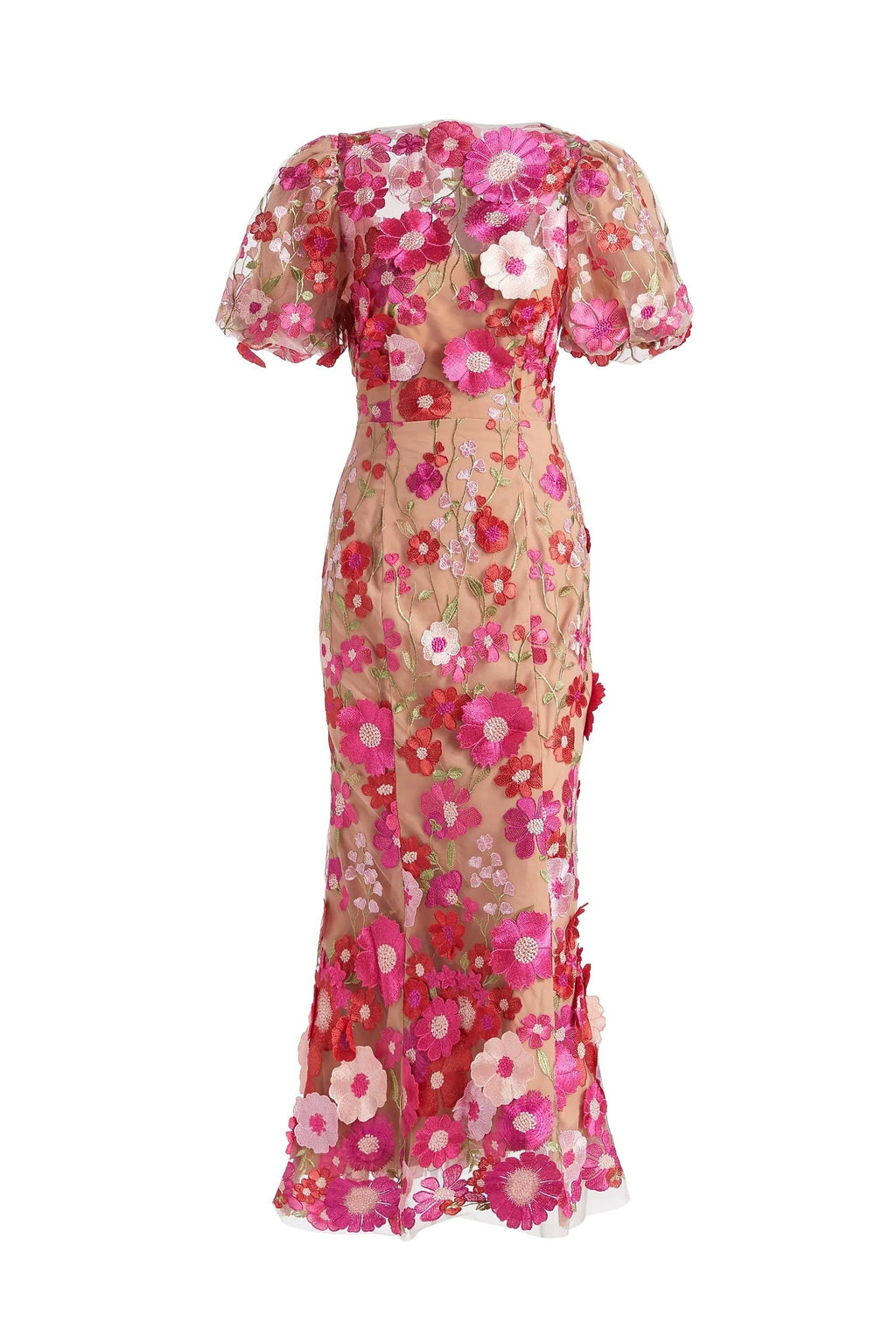 CAROL PUFF SLEEVE ROSE RED FLORAL EMBROIDERY FISHTAIL MIDI DRESS