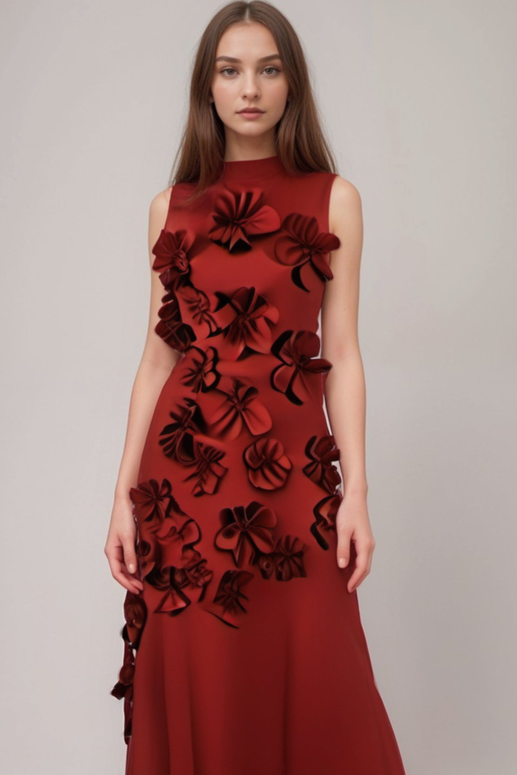 ANNONA RED FLOWER EMBELLISHED MAXI DRESS