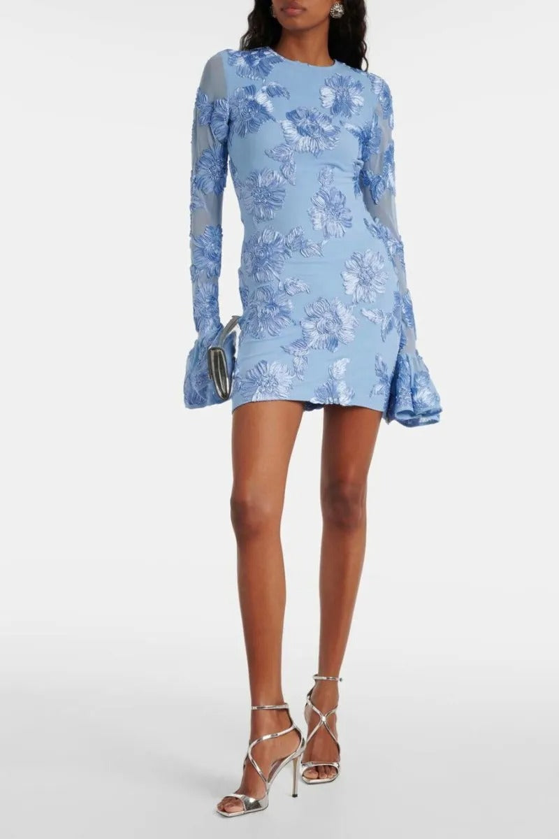 Floral-Embroidered Mesh Mini Dress In Blue