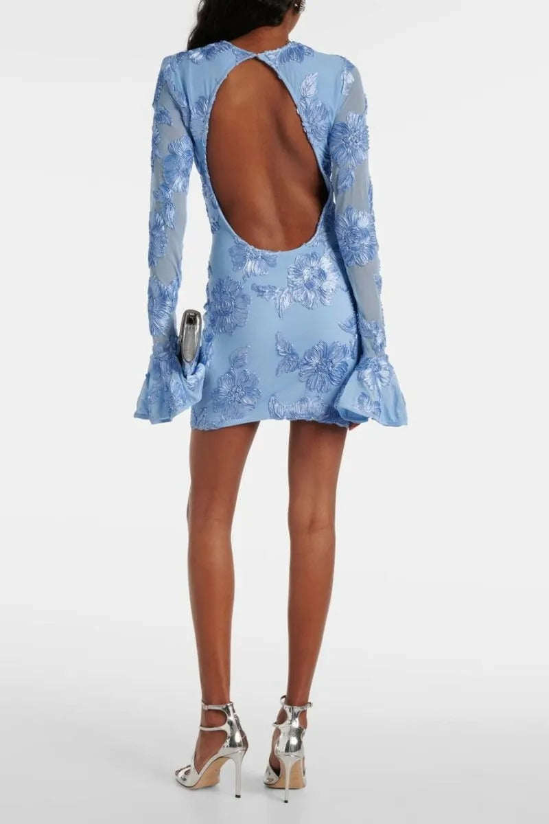 Floral-Embroidered Mesh Mini Dress In Blue
