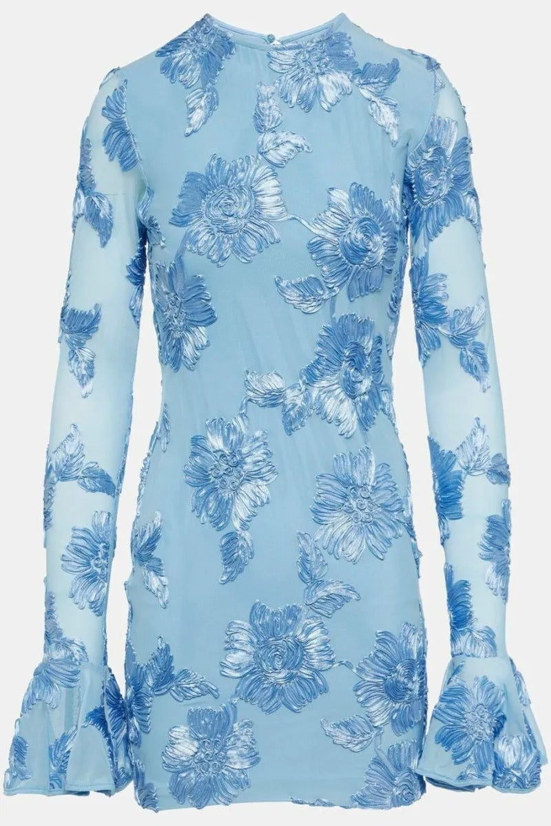 Floral-Embroidered Mesh Mini Dress In Blue