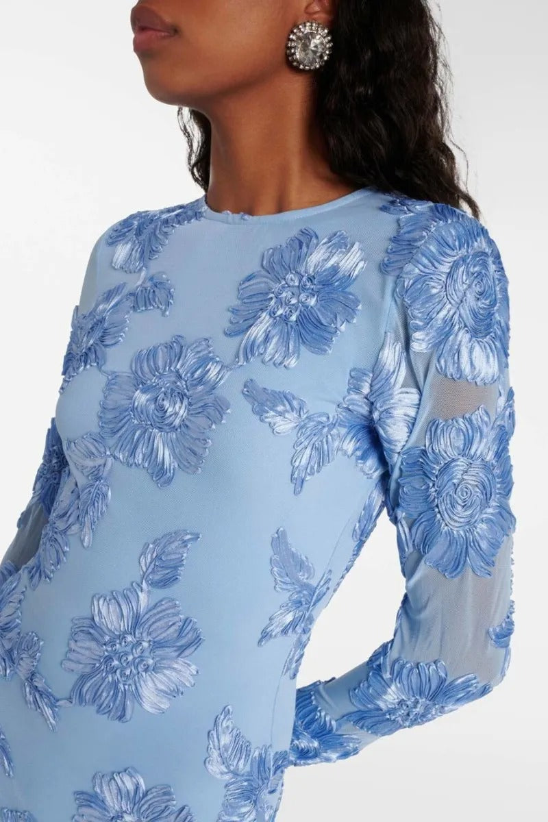 Floral-Embroidered Mesh Mini Dress In Blue