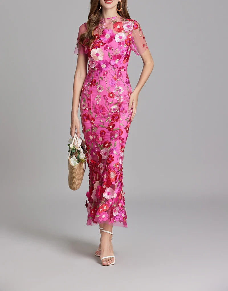 CAROL ROSE RED FLORAL EMBROIDERY MESH FISHTAIL MIDI DRESS