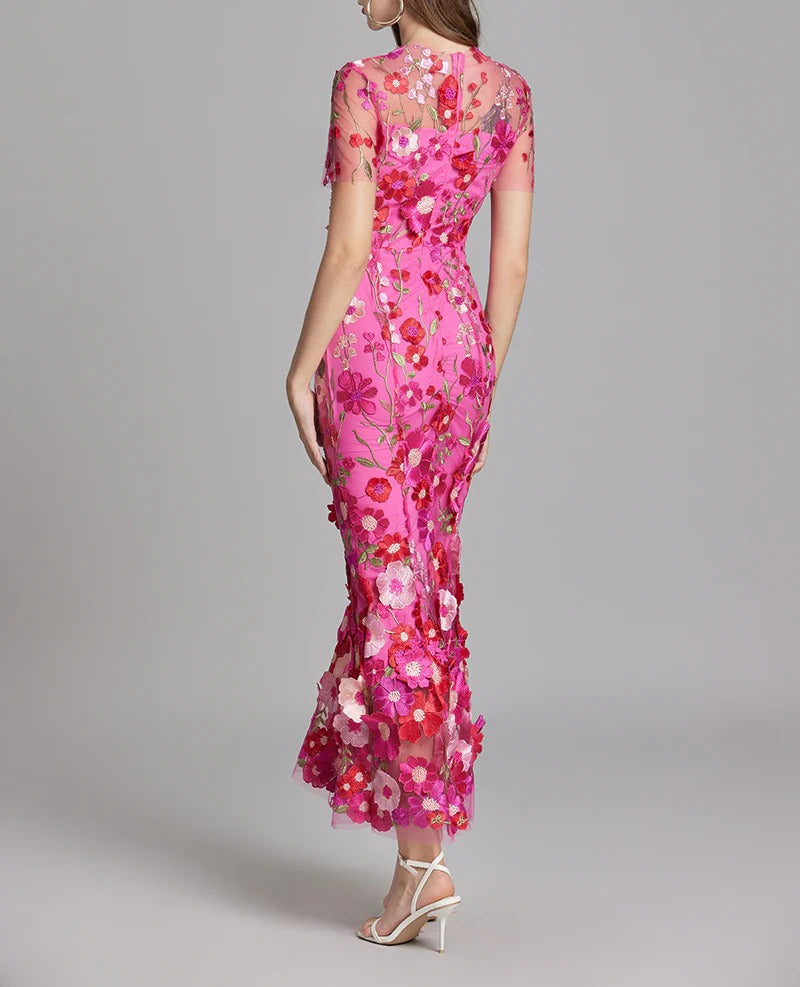 CAROL ROSE RED FLORAL EMBROIDERY MESH FISHTAIL MIDI DRESS