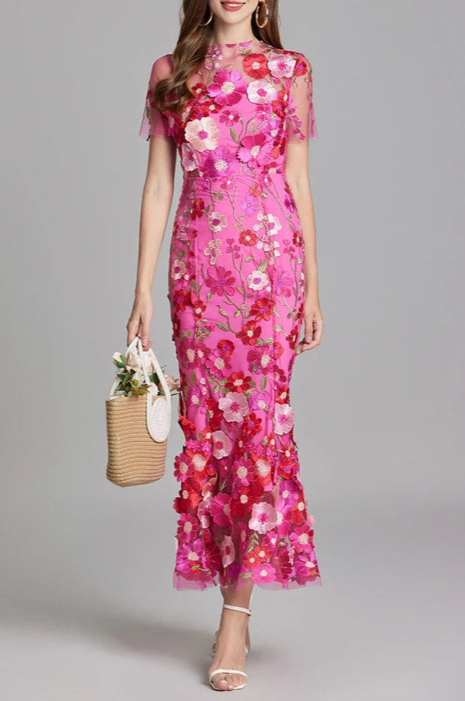 CAROL ROSE RED FLORAL EMBROIDERY MESH FISHTAIL MIDI DRESS