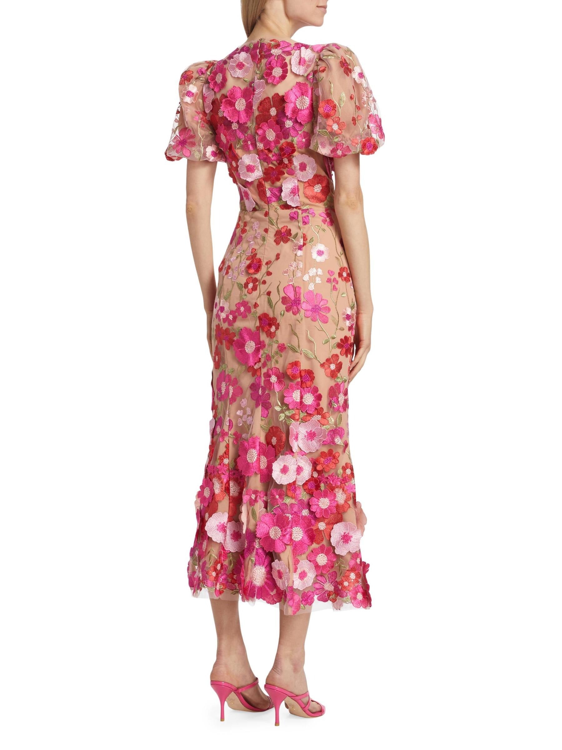 CAROL PUFF SLEEVE ROSE RED FLORAL EMBROIDERY FISHTAIL MIDI DRESS