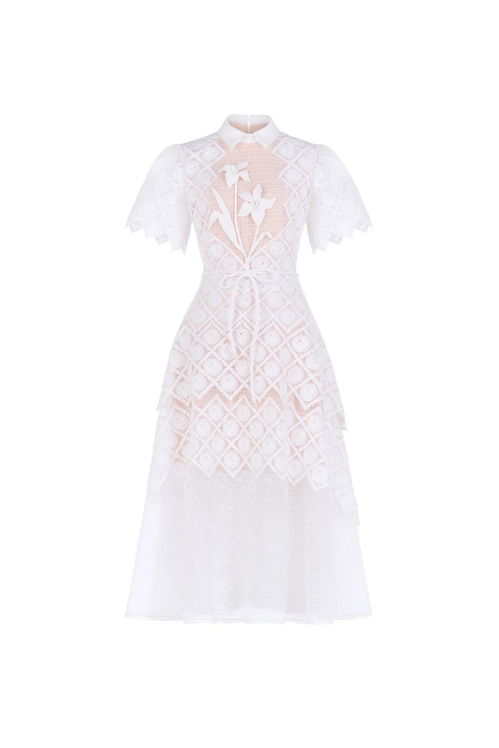 White Lace Embroidered Short Sleeve Midi Dress