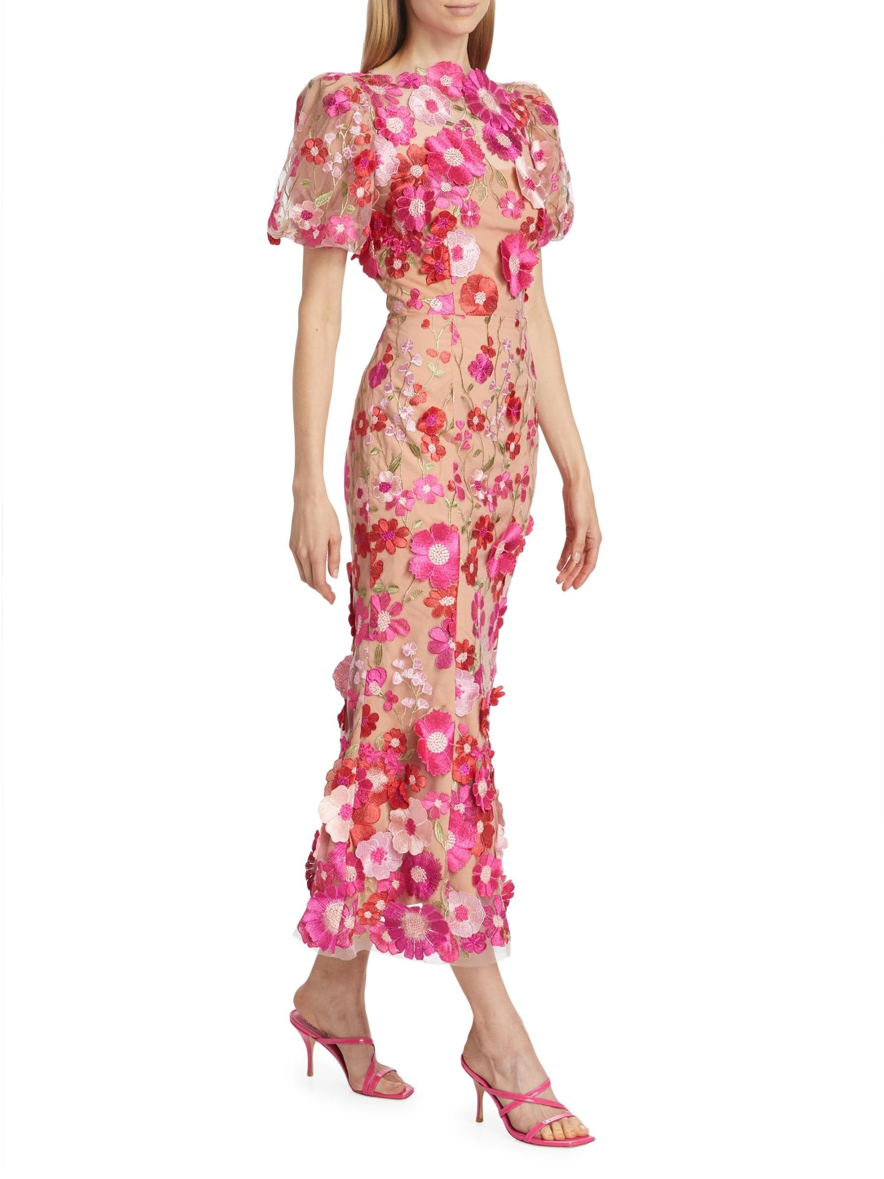 CAROL PUFF SLEEVE ROSE RED FLORAL EMBROIDERY FISHTAIL MIDI DRESS