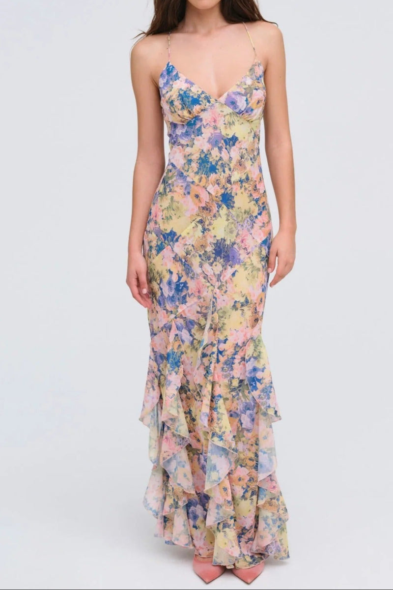 rebecca Floral print ruffle backless maxi dress - blue