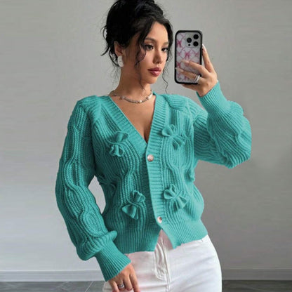 Turquoise Cable Knit Bow Cardigan Premium Fabric - product view 1