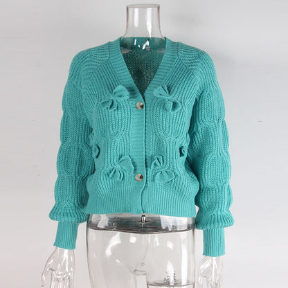 Turquoise Cable Knit Bow Cardigan Premium Fabric - product view 3
