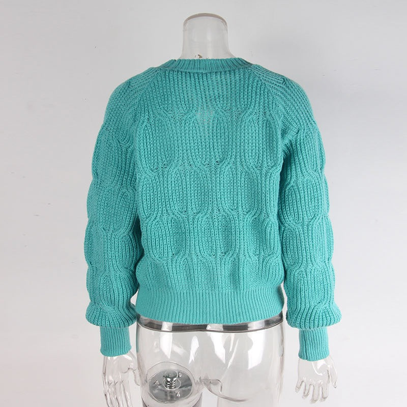 Turquoise Cable Knit Bow Cardigan Premium Fabric - product view 2