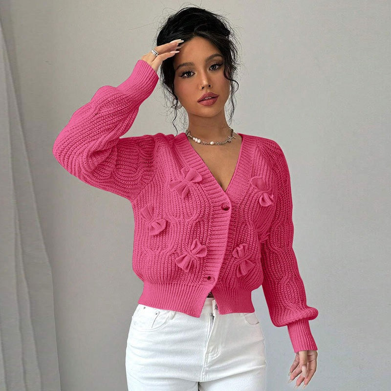 Pink Cable Knit Bow Cardigan Premium Fabric - product view 4