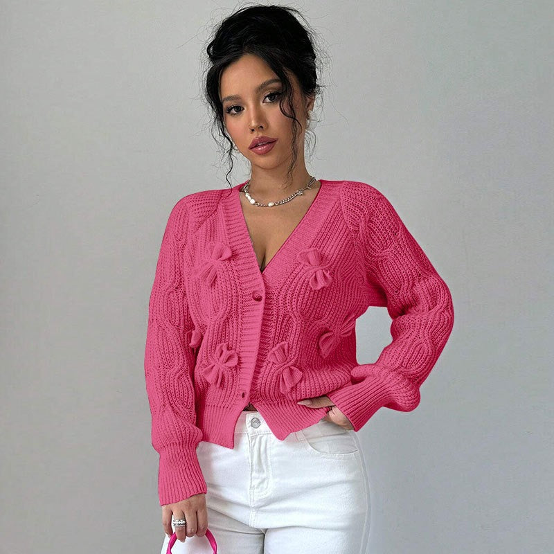 Pink Cable Knit Bow Cardigan Premium Fabric - product view 3