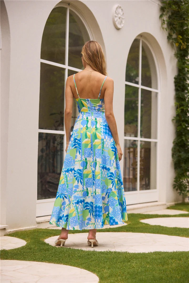 Scalloped Trim Tropical Patchwork Print Spaghetti Strap Maxi Dress