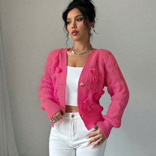 Pink Cable Knit Bow Cardigan Premium Fabric - product view 2
