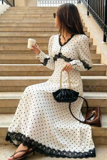 Vintage Polka Dot Lace Trim Maxi Dress Premium Fabric - product view 1