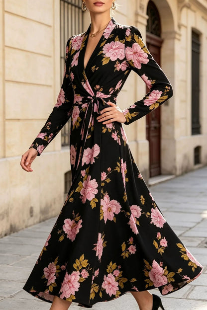 V-Neck Long Sleeve Floral Wrap Maxi Dress Premium Fabric - product view 1