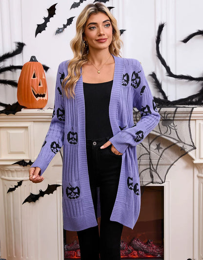 Lavender Skull & Jack-O-Lantern Ribbed Knit Cardigan Premium Fabric - product view 1