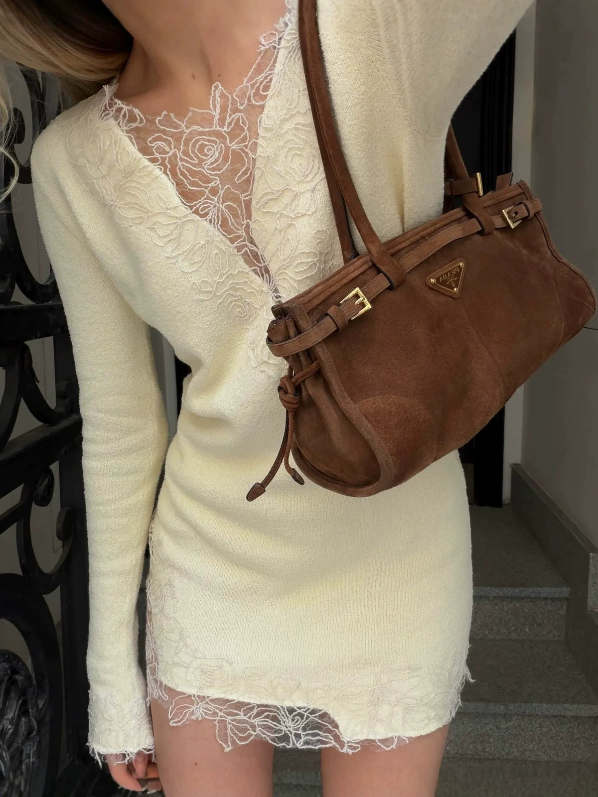 Cream Lace-Trimmed Knit Mini Dress Premium Fabric - product view 1