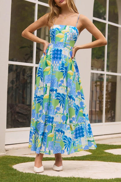 Scalloped Trim Tropical Patchwork Print Spaghetti Strap Maxi Dress