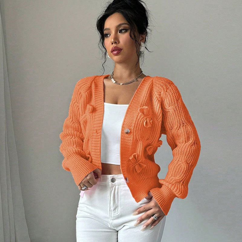 Orange Knit Bow Detail Cardigan Premium Fabric - product view 2