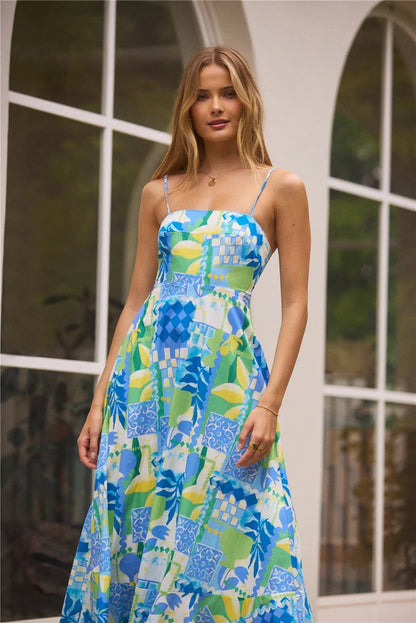 Scalloped Trim Tropical Patchwork Print Spaghetti Strap Maxi Dress