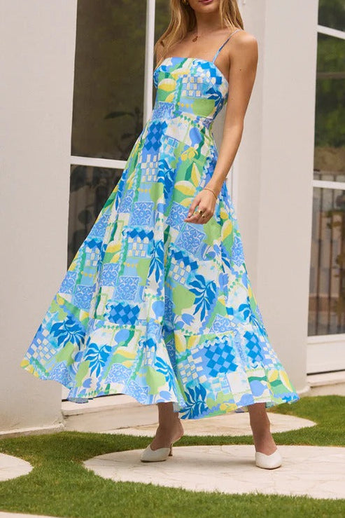 Scalloped Trim Tropical Patchwork Print Spaghetti Strap Maxi Dress
