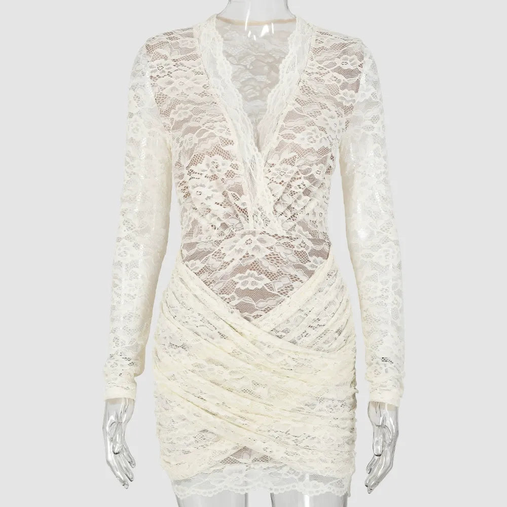 Women's Lace Mini Dress Deep V Neck Long Sleeve Premium Fabric - product view 1