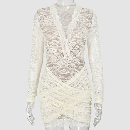 Women's Lace Mini Dress Deep V Neck Long Sleeve Premium Fabric - product view 1