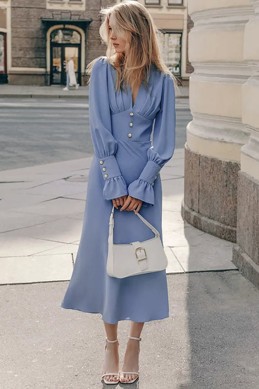 Style Blue Lantern Sleeve Midi Dress Premium Fabric - product view 1